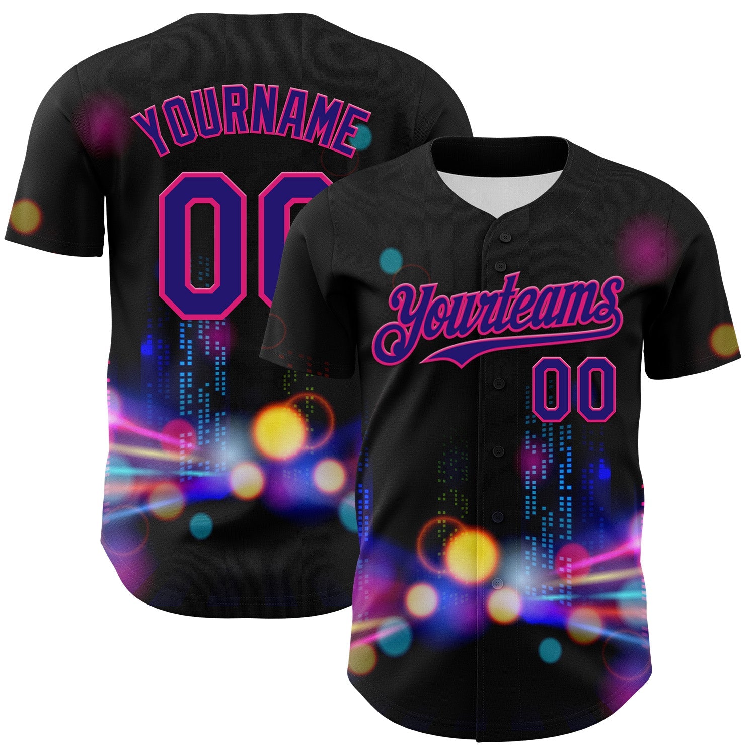 Custom Black Dark Purple-Hot Pink 3D Pattern Design Rave Psychedelic City Neon Authentic Baseball Jersey - Main View