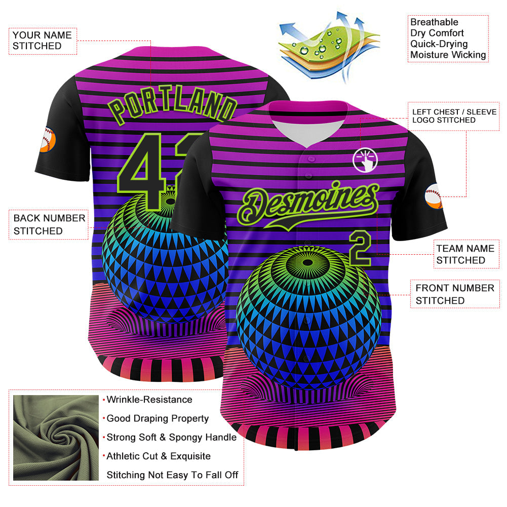 Custom Black Neon Green 3D Pattern Design Rave Psychedelic Geometry Authentic Baseball Jersey view 3