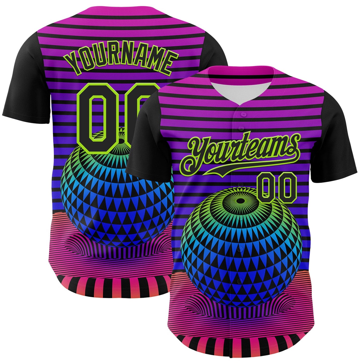 Custom Black Neon Green 3D Pattern Design Rave Psychedelic Geometry Authentic Baseball Jersey - Main View