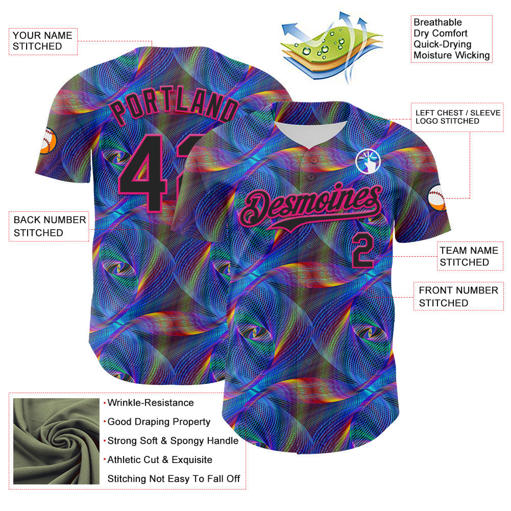 Custom Black Hot Pink 3D Pattern Design Rave Psychedelic Fractal Style Authentic Baseball Jersey view 3