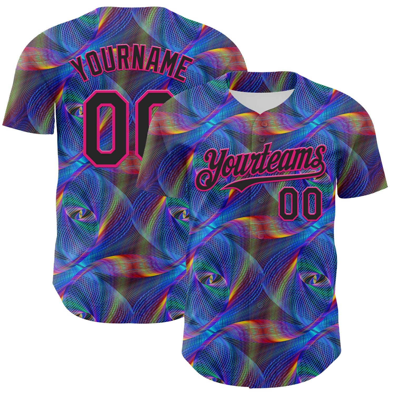 Custom Black Hot Pink 3D Pattern Design Rave Psychedelic Fractal Style Authentic Baseball Jersey - Main View