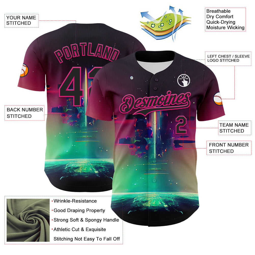 Custom Black Hot Pink 3D Pattern Design Rave Psychedelic Universe Authentic Baseball Jersey view 3