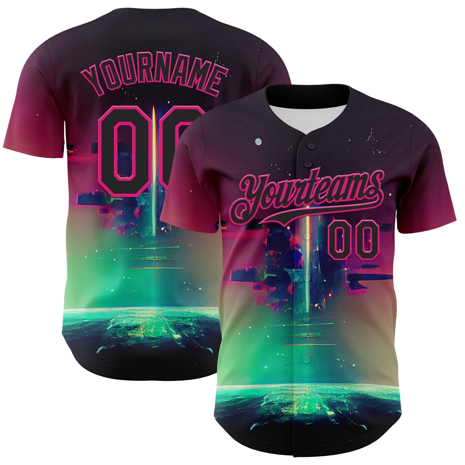 Custom Black Hot Pink 3D Pattern Design Rave Psychedelic Universe Authentic Baseball Jersey - Main View