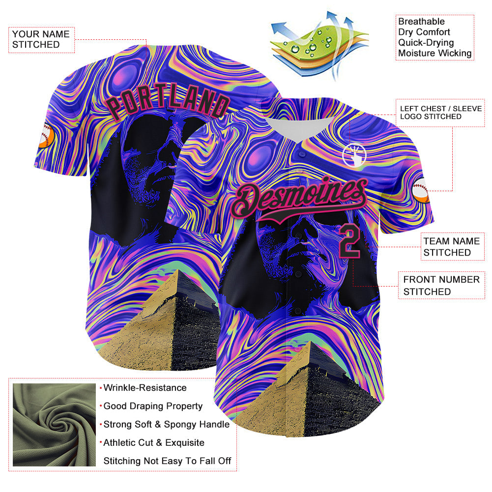 Custom Purple Black-Hot Pink 3D Pattern Design Rave Psychedelic Fluid Art Pyramid Authentic Baseball Jersey view 3