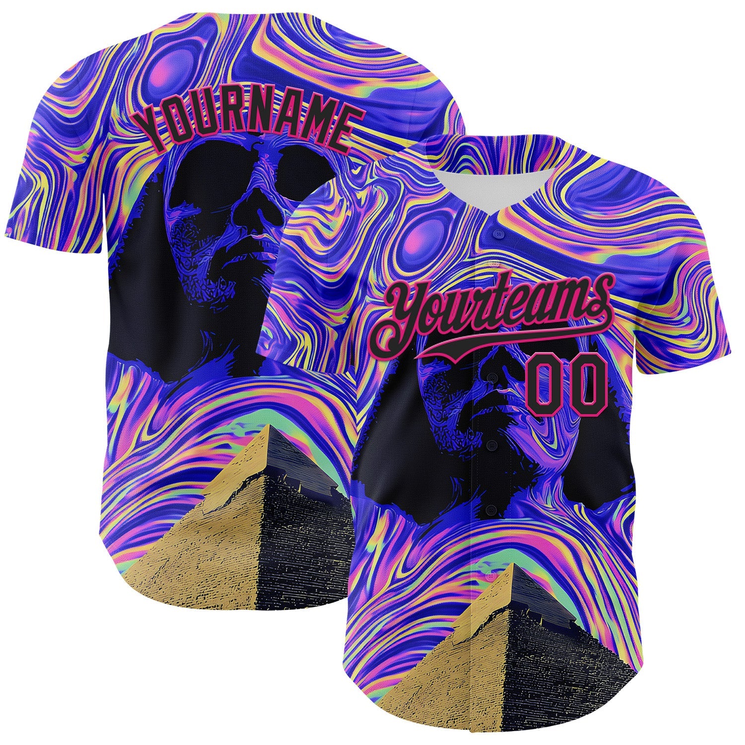 Custom Purple Black-Hot Pink 3D Pattern Design Rave Psychedelic Fluid Art Pyramid Authentic Baseball Jersey - Main View