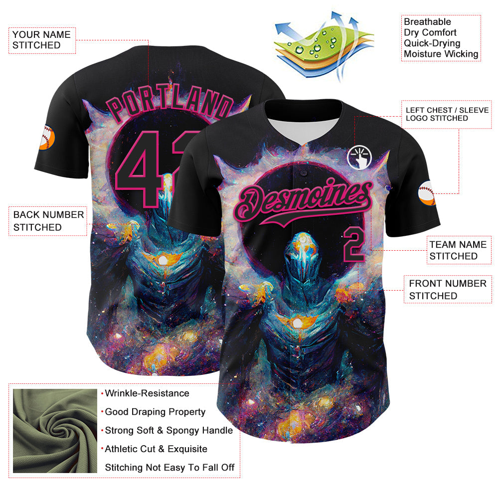 Custom Black Hot Pink 3D Pattern Design Rave Psychedelic Alien Authentic Baseball Jersey view 3