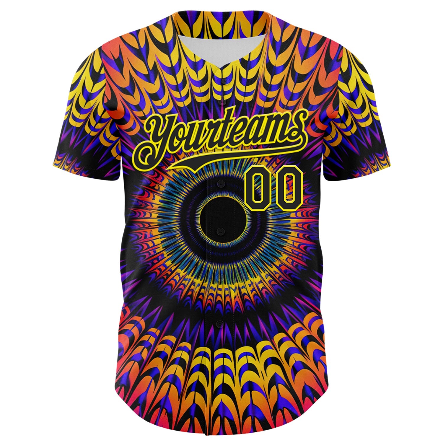 Custom Black Light Yellow 3D Pattern Design Rave Psychedelic Fractal Style Authentic Baseball Jersey view 2