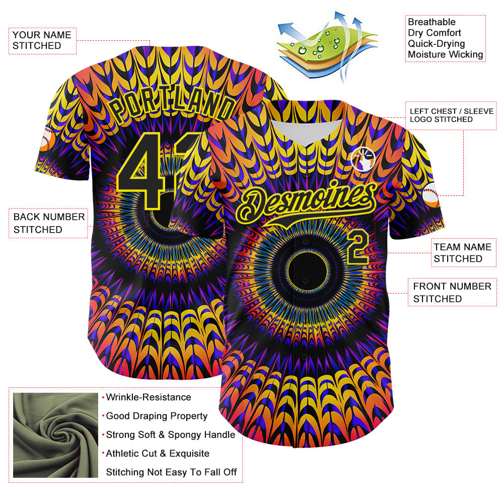 Custom Black Light Yellow 3D Pattern Design Rave Psychedelic Fractal Style Authentic Baseball Jersey view 3