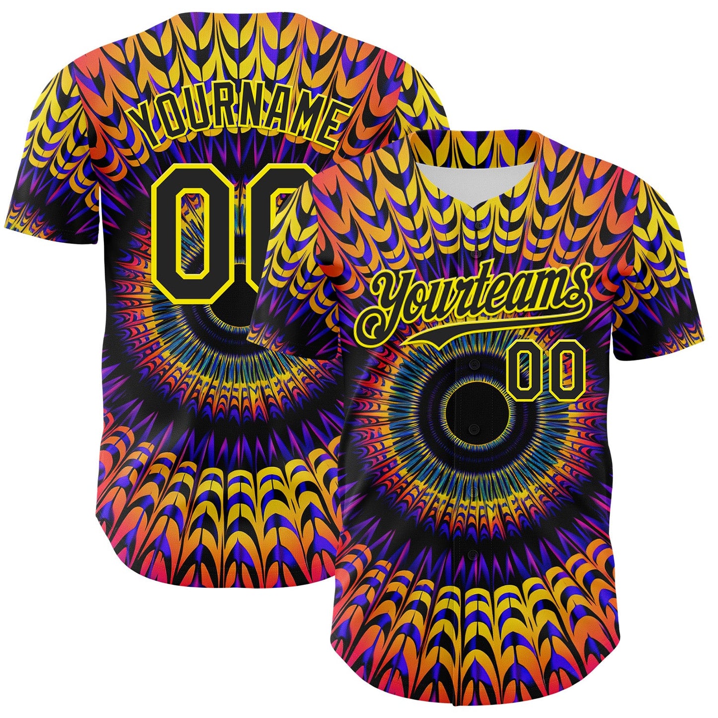 Custom Black Light Yellow 3D Pattern Design Rave Psychedelic Fractal Style Authentic Baseball Jersey - Main View
