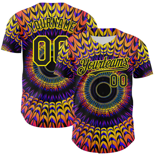 Custom Black Light Yellow 3D Pattern Design Rave Psychedelic Fractal Style Authentic Baseball Jersey - Main View