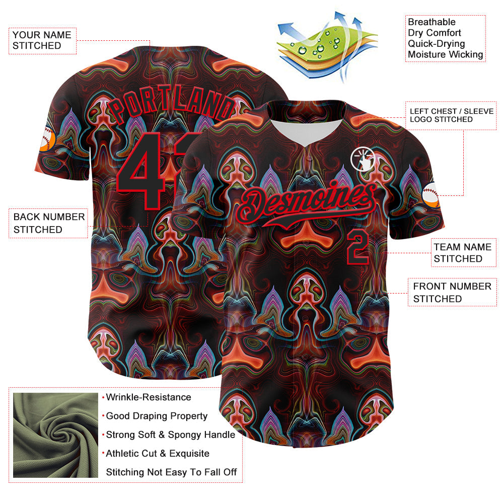 Custom Brown Black-Fire Red 3D Pattern Design Rave Psychedelic Fluid Art Authentic Baseball Jersey view 3