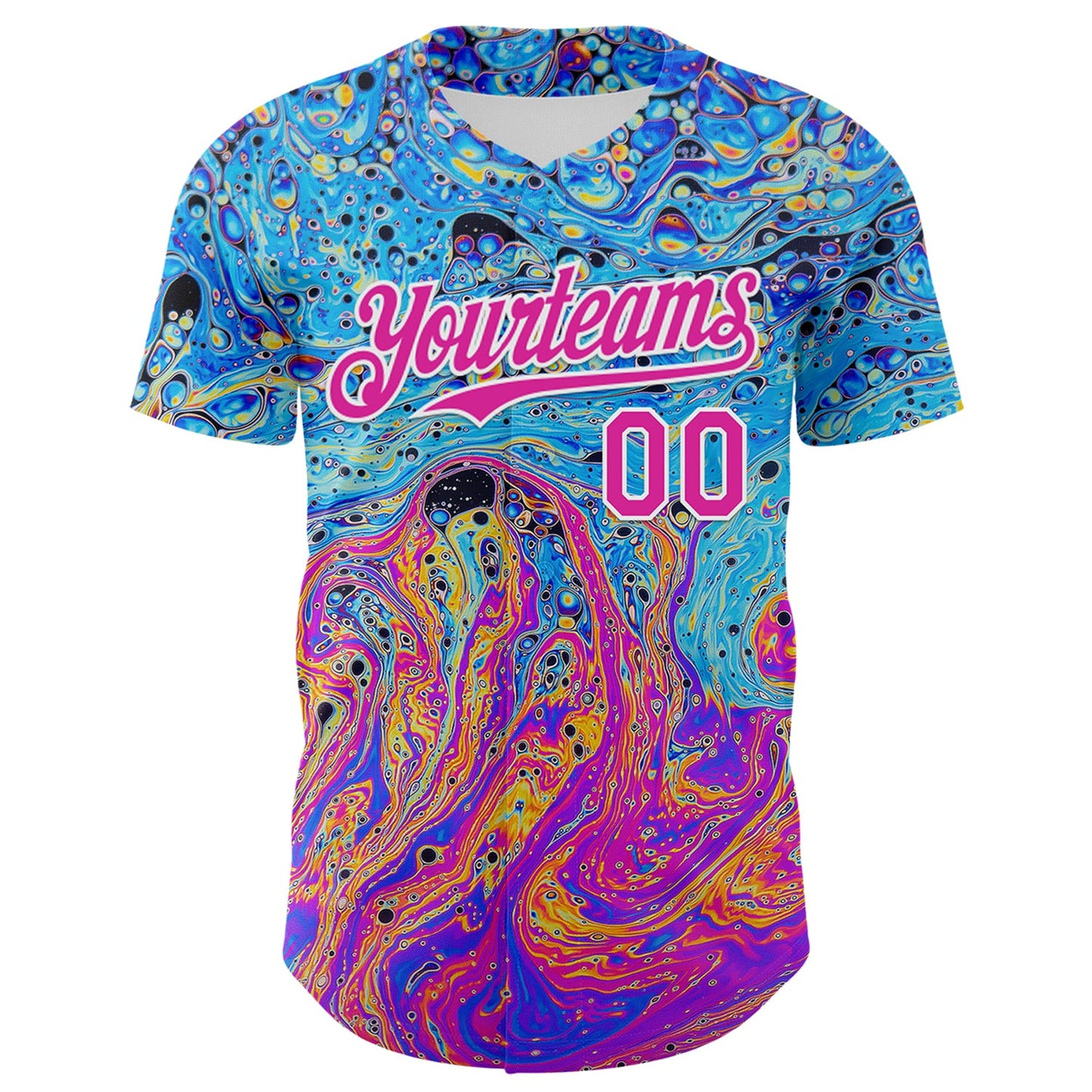 Custom Electric Blue Deep Pink-White 3D Pattern Design Rave Psychedelic Fluid Art Authentic Baseball Jersey view 2