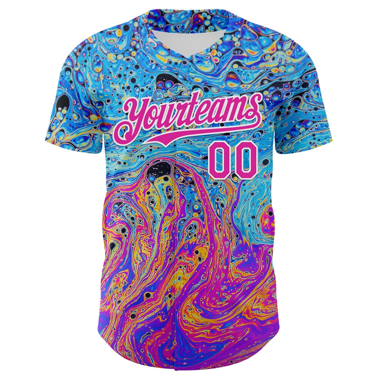 Custom Electric Blue Deep Pink-White 3D Pattern Design Rave Psychedelic Fluid Art Authentic Baseball Jersey view 2