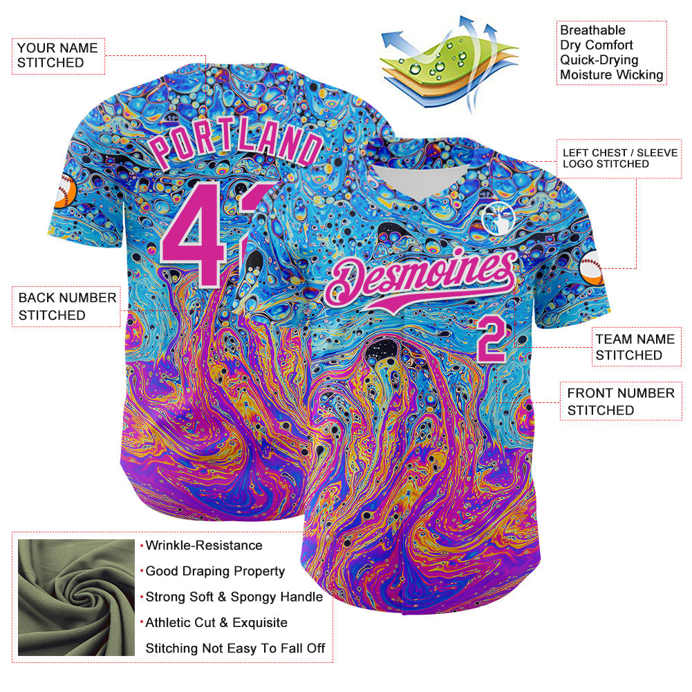 Custom Electric Blue Deep Pink-White 3D Pattern Design Rave Psychedelic Fluid Art Authentic Baseball Jersey view 3