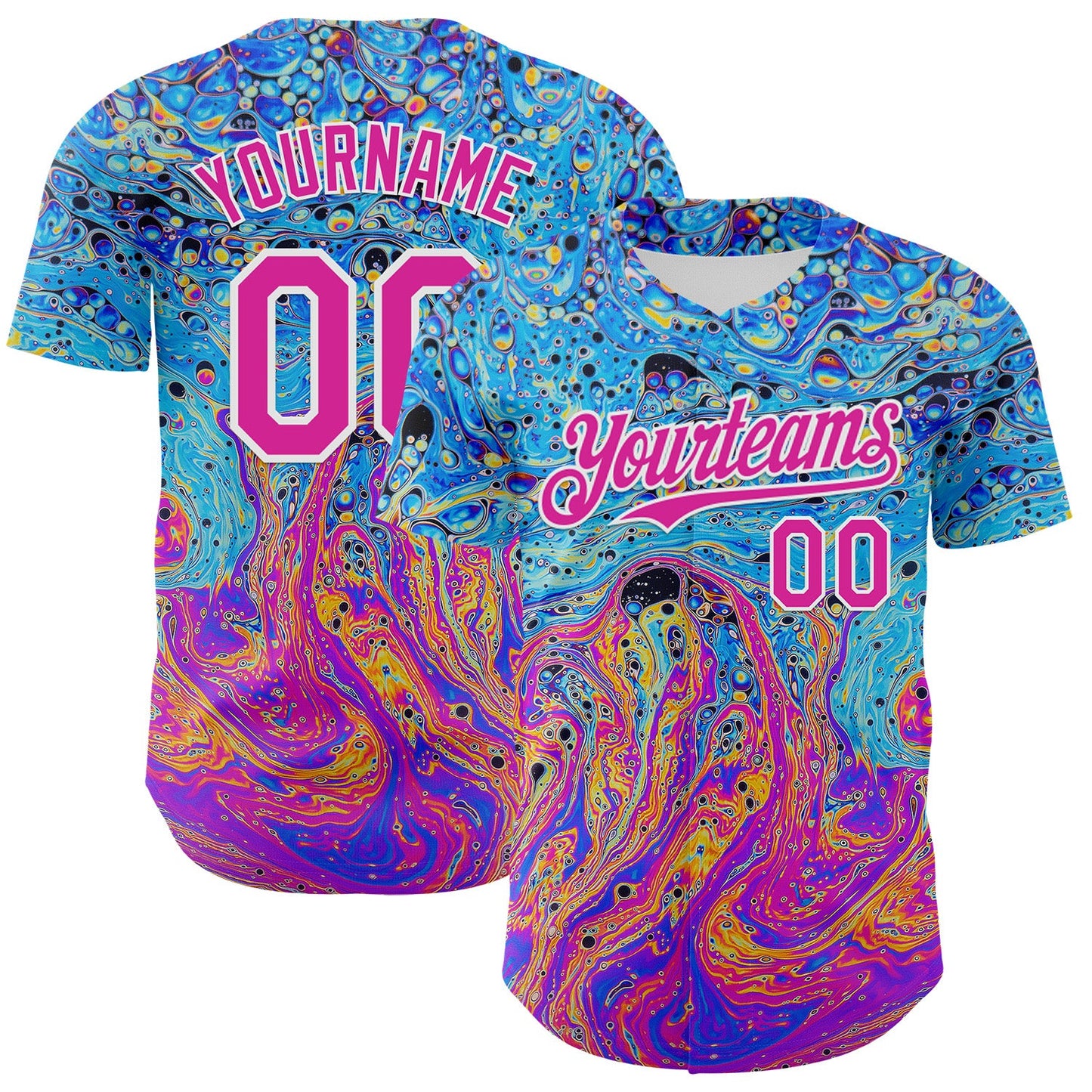 Custom Electric Blue Deep Pink-White 3D Pattern Design Rave Psychedelic Fluid Art Authentic Baseball Jersey - Main View