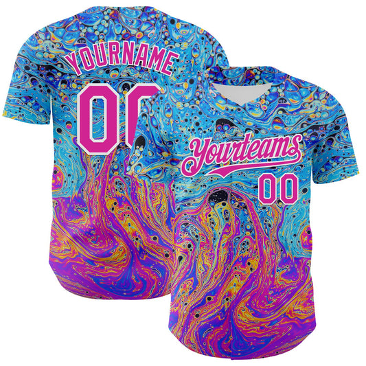 Custom Electric Blue Deep Pink-White 3D Pattern Design Rave Psychedelic Fluid Art Authentic Baseball Jersey - Main View