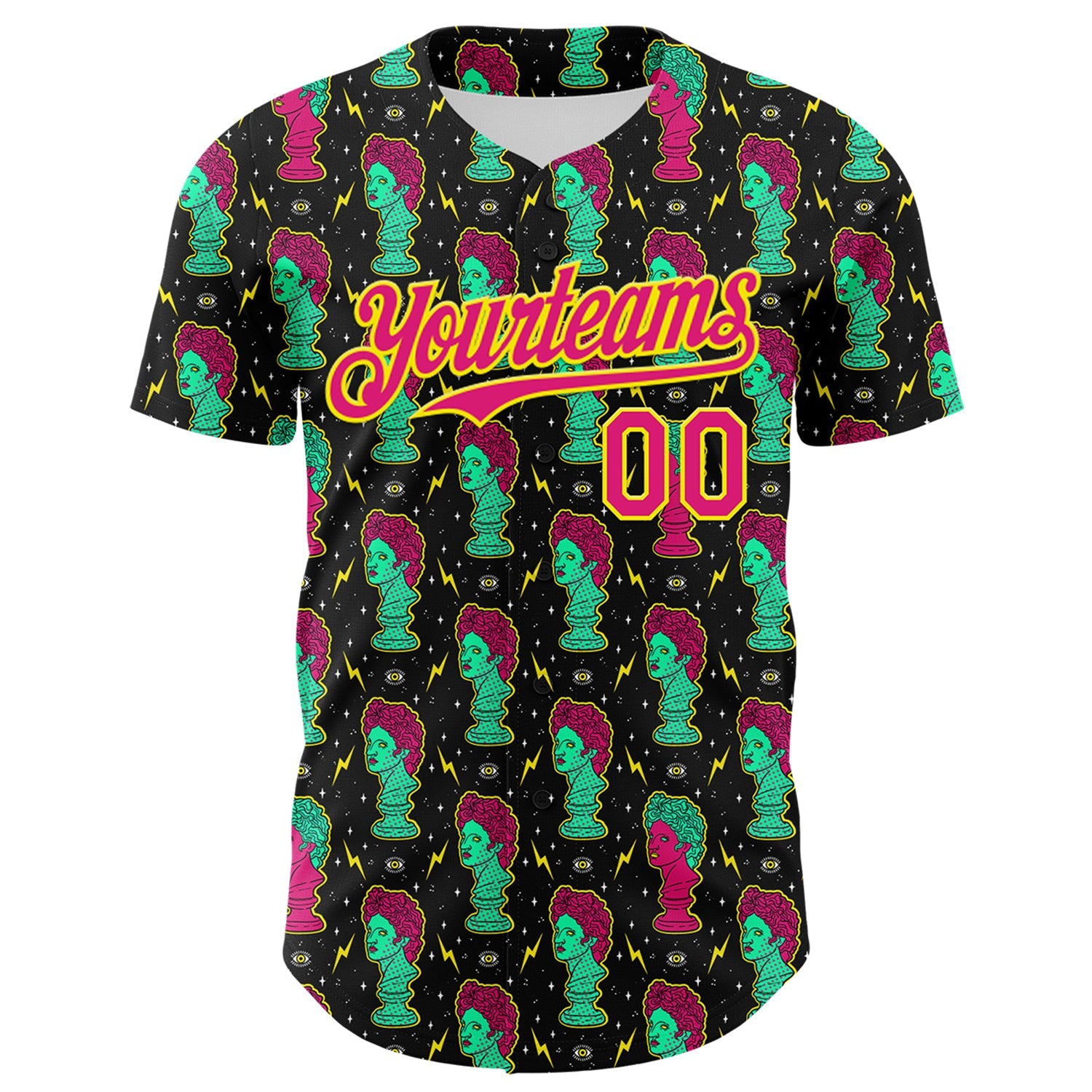 Custom Black Hot Pink-Light Yellow 3D Pattern Design Rave Psychedelic Sculpture Authentic Baseball Jersey view 2