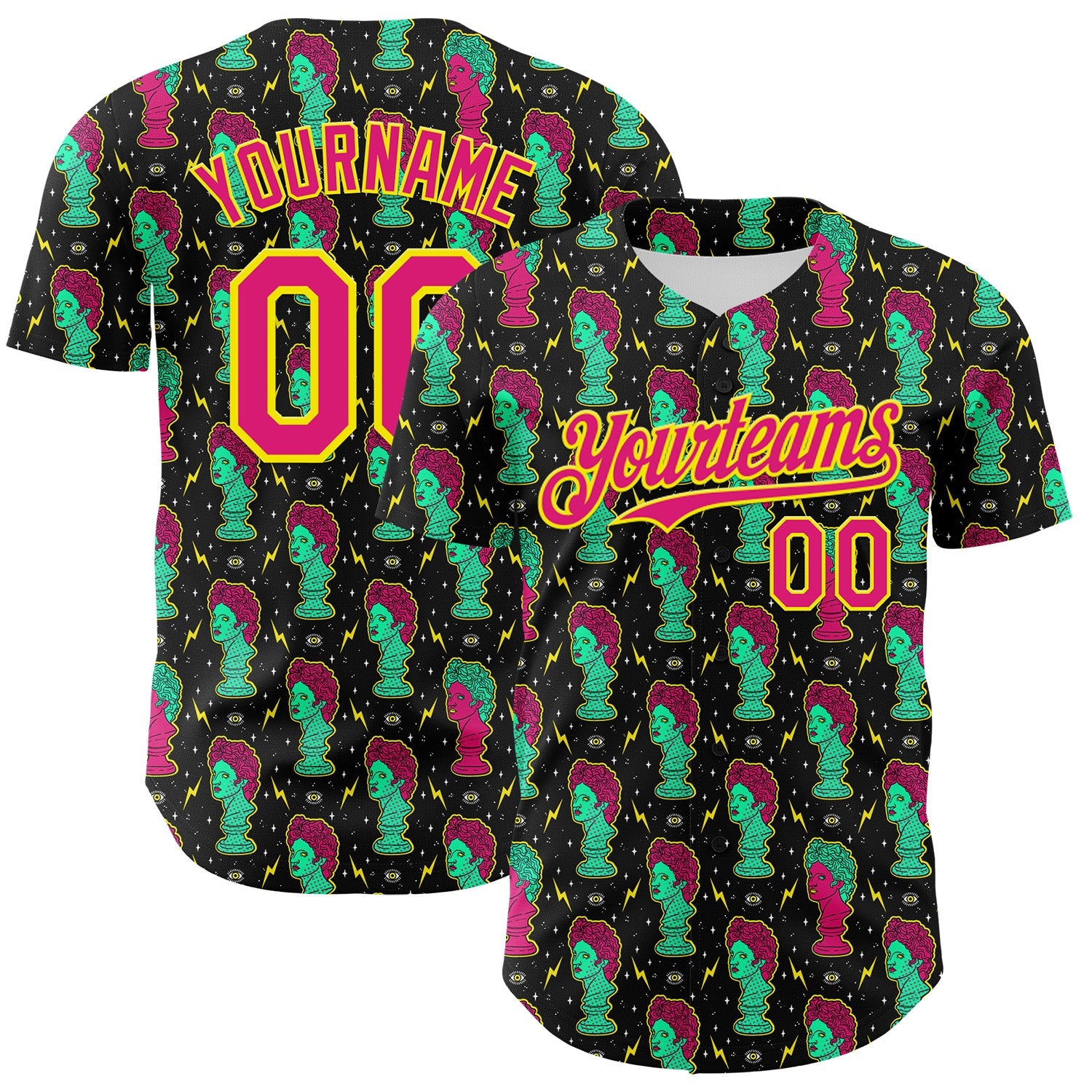Custom Black Hot Pink-Light Yellow 3D Pattern Design Rave Psychedelic Sculpture Authentic Baseball Jersey - Main View