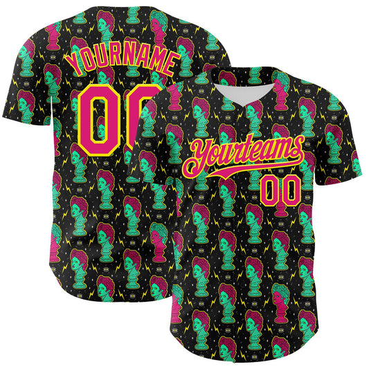 Custom Black Hot Pink-Light Yellow 3D Pattern Design Rave Psychedelic Sculpture Authentic Baseball Jersey - Main View