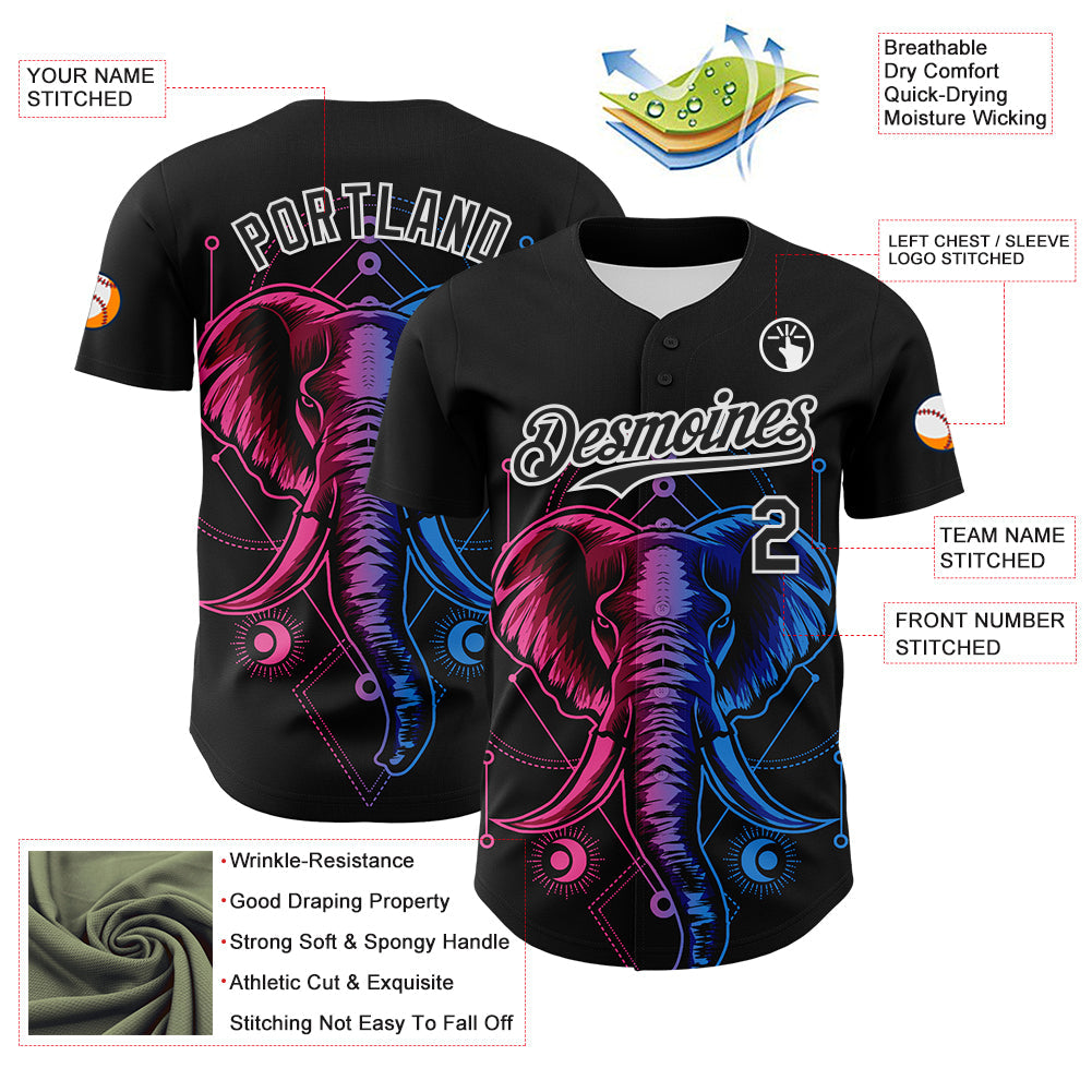 Custom Black White 3D Pattern Design Rave Psychedelic Elephant Authentic Baseball Jersey view 3