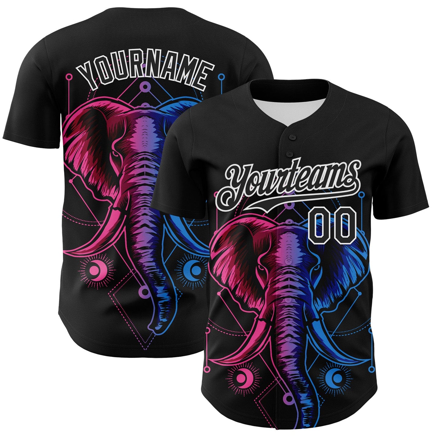 Custom Black White 3D Pattern Design Rave Psychedelic Elephant Authentic Baseball Jersey - Main View