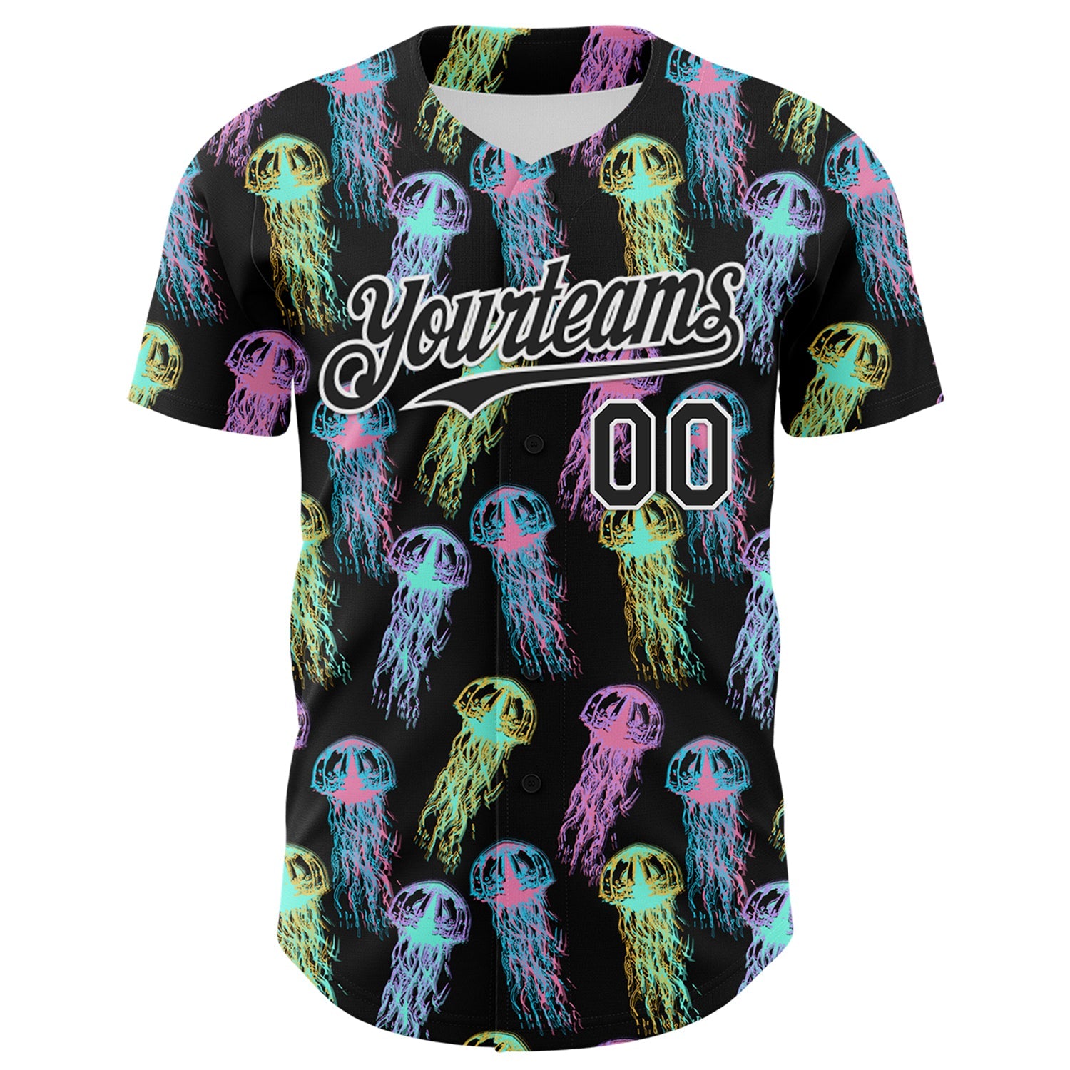 Custom Black White 3D Pattern Design Rave Psychedelic Jellyfish Authentic Baseball Jersey view 2