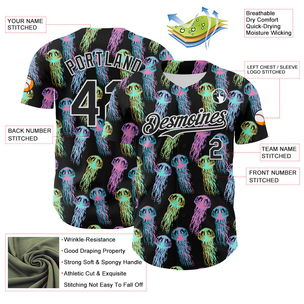 Custom Black White 3D Pattern Design Rave Psychedelic Jellyfish Authentic Baseball Jersey view 3