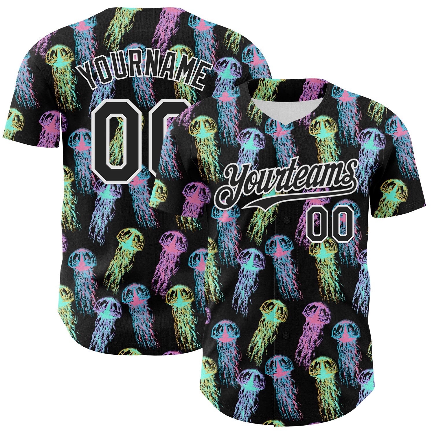 Custom Black White 3D Pattern Design Rave Psychedelic Jellyfish Authentic Baseball Jersey - Main View