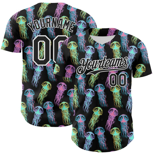 Custom Black White 3D Pattern Design Rave Psychedelic Jellyfish Authentic Baseball Jersey - Main View