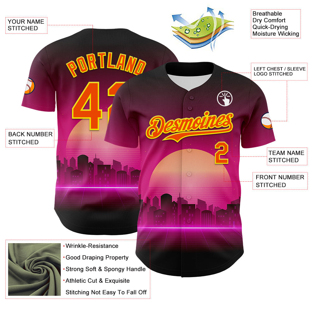 Custom Purple Orange-Light Yellow 3D Pattern Design Rave Psychedelic Futuristic Music Authentic Baseball Jersey view 3
