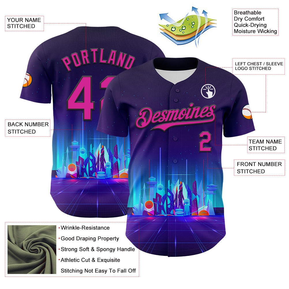 Custom Navy Deep Pink-Black 3D Pattern Design Rave Psychedelic Futuristic City Authentic Baseball Jersey view 3