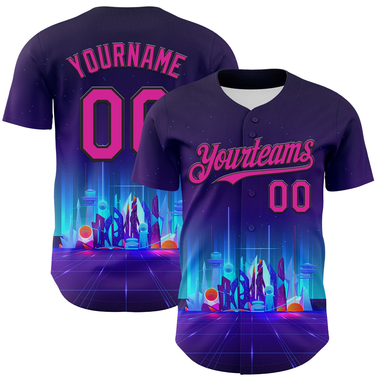 Custom Navy Deep Pink-Black 3D Pattern Design Rave Psychedelic Futuristic City Authentic Baseball Jersey - Main View