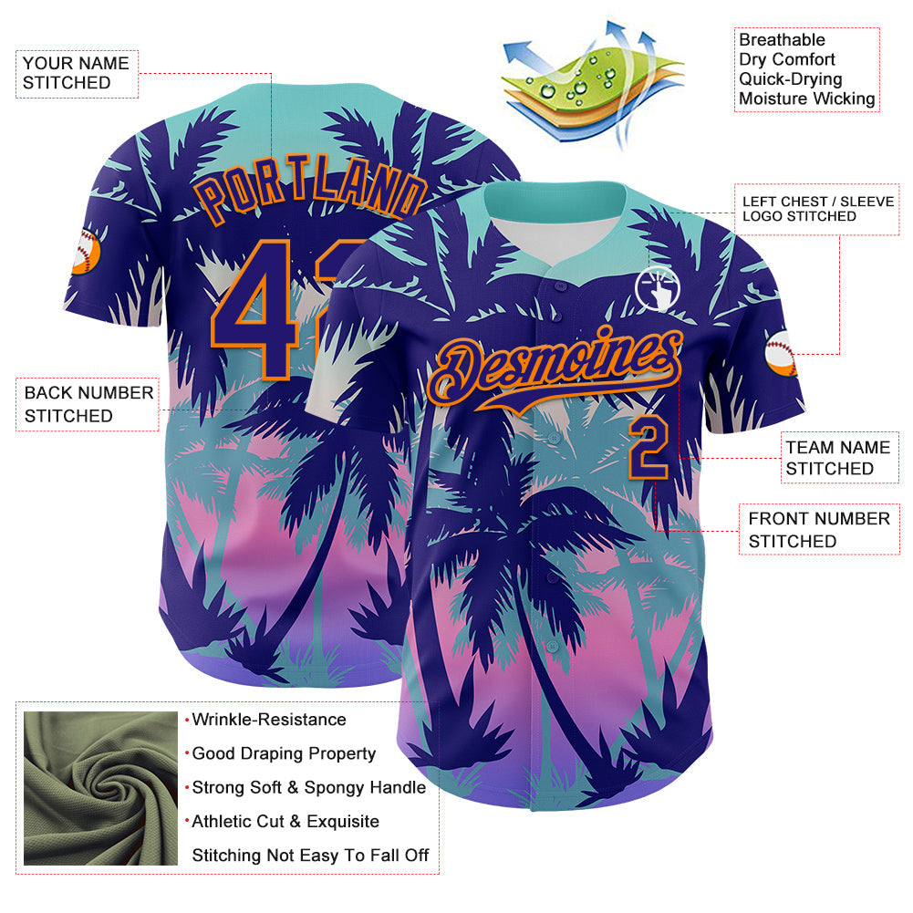 Custom Dark Purple Bay Orange 3D Pattern Design Rave Psychedelic Tropical Palm Tree Authentic Baseball Jersey view 3