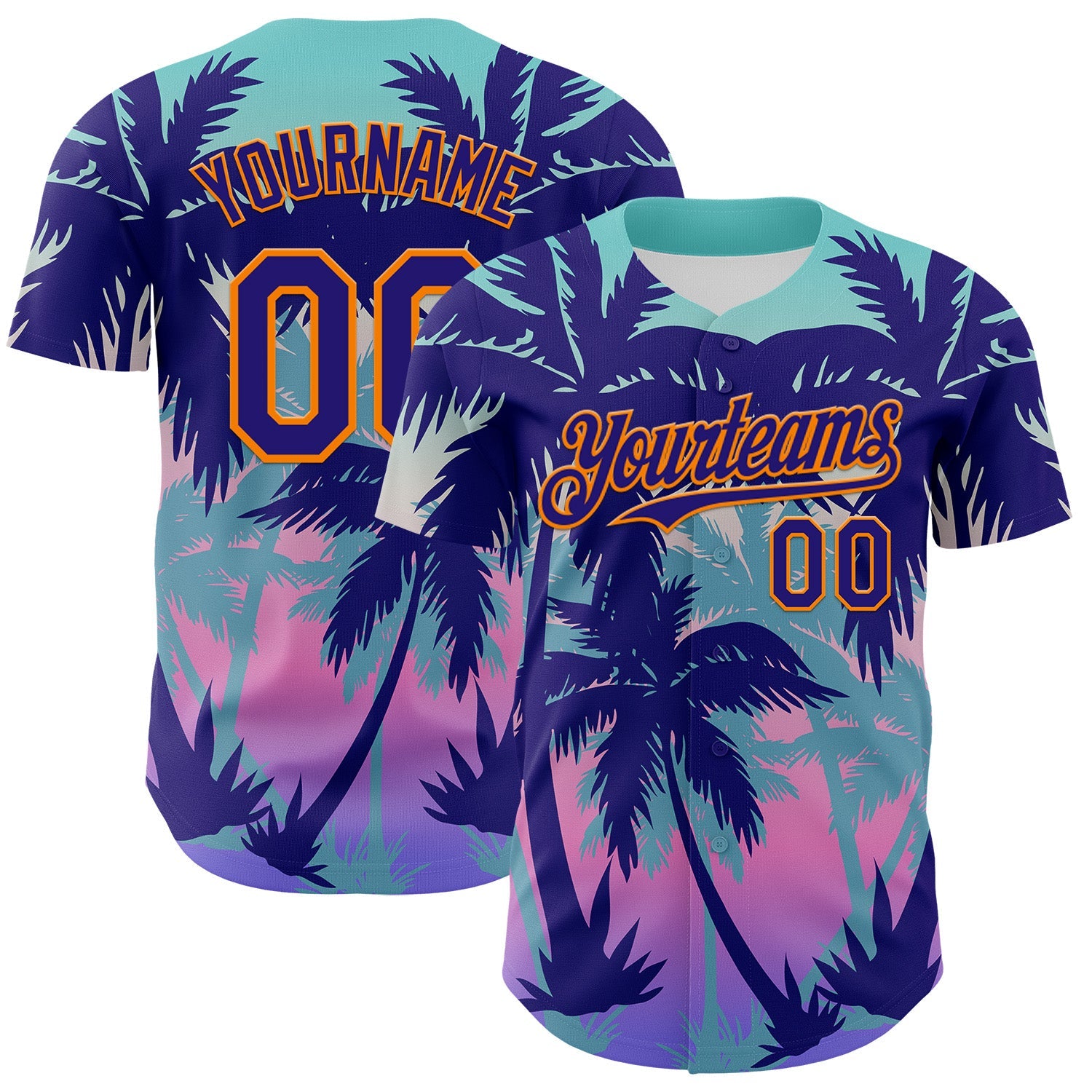 Custom Dark Purple Bay Orange 3D Pattern Design Rave Psychedelic Tropical Palm Tree Authentic Baseball Jersey - Main View