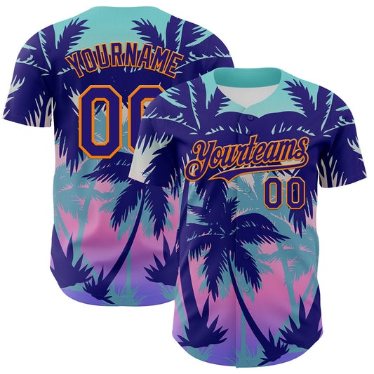 Custom Dark Purple Bay Orange 3D Pattern Design Rave Psychedelic Tropical Palm Tree Authentic Baseball Jersey - Main View