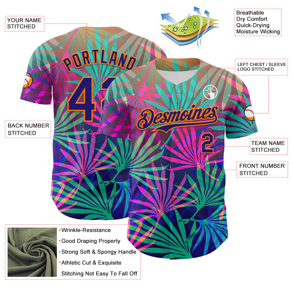 Custom Pink Dark Purple-Bay Orange 3D Pattern Design Rave Psychedelic Tropical Palm Leaves Authentic Baseball Jersey view 3