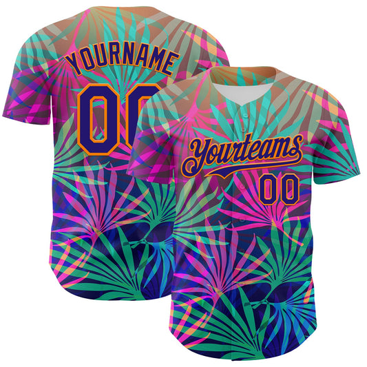 Custom Pink Dark Purple-Bay Orange 3D Pattern Design Rave Psychedelic Tropical Palm Leaves Authentic Baseball Jersey - Main View