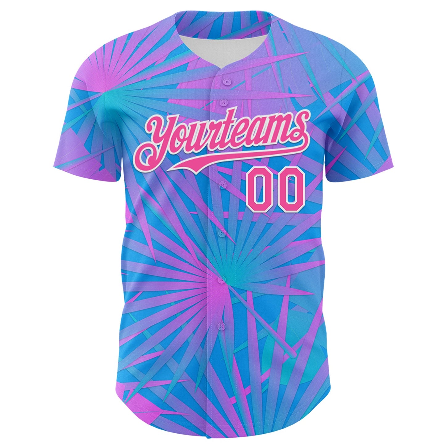 Custom Electric Blue Pink-White 3D Pattern Design Rave Psychedelic Tropical Palm Leaves Authentic Baseball Jersey view 2
