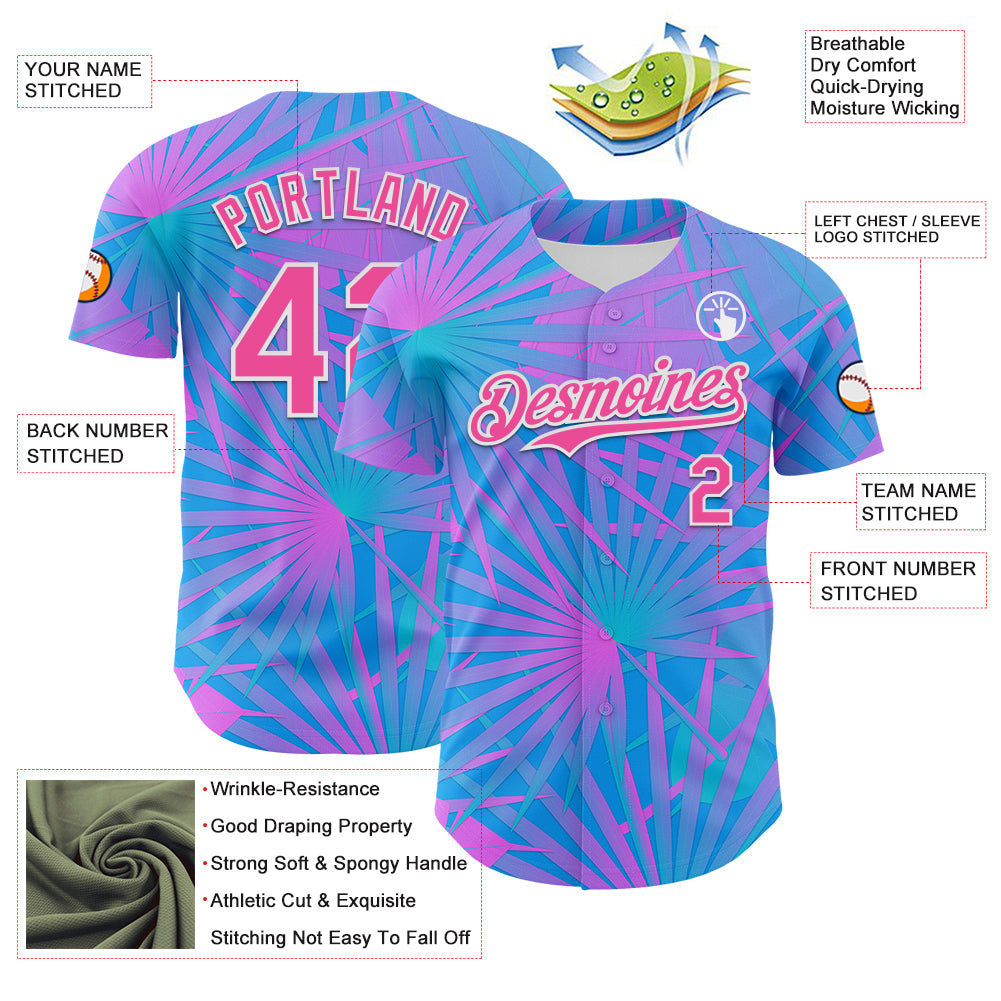 Custom Electric Blue Pink-White 3D Pattern Design Rave Psychedelic Tropical Palm Leaves Authentic Baseball Jersey view 3