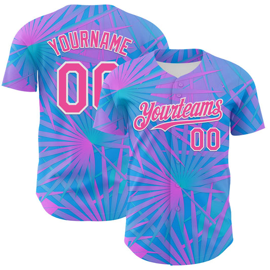 Custom Electric Blue Pink-White 3D Pattern Design Rave Psychedelic Tropical Palm Leaves Authentic Baseball Jersey - Main View