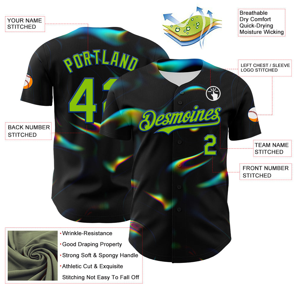 Custom Black Neon Green-Royal 3D Pattern Design Rave Psychedelic Holographic Vaporwave Style Authentic Baseball Jersey view 3