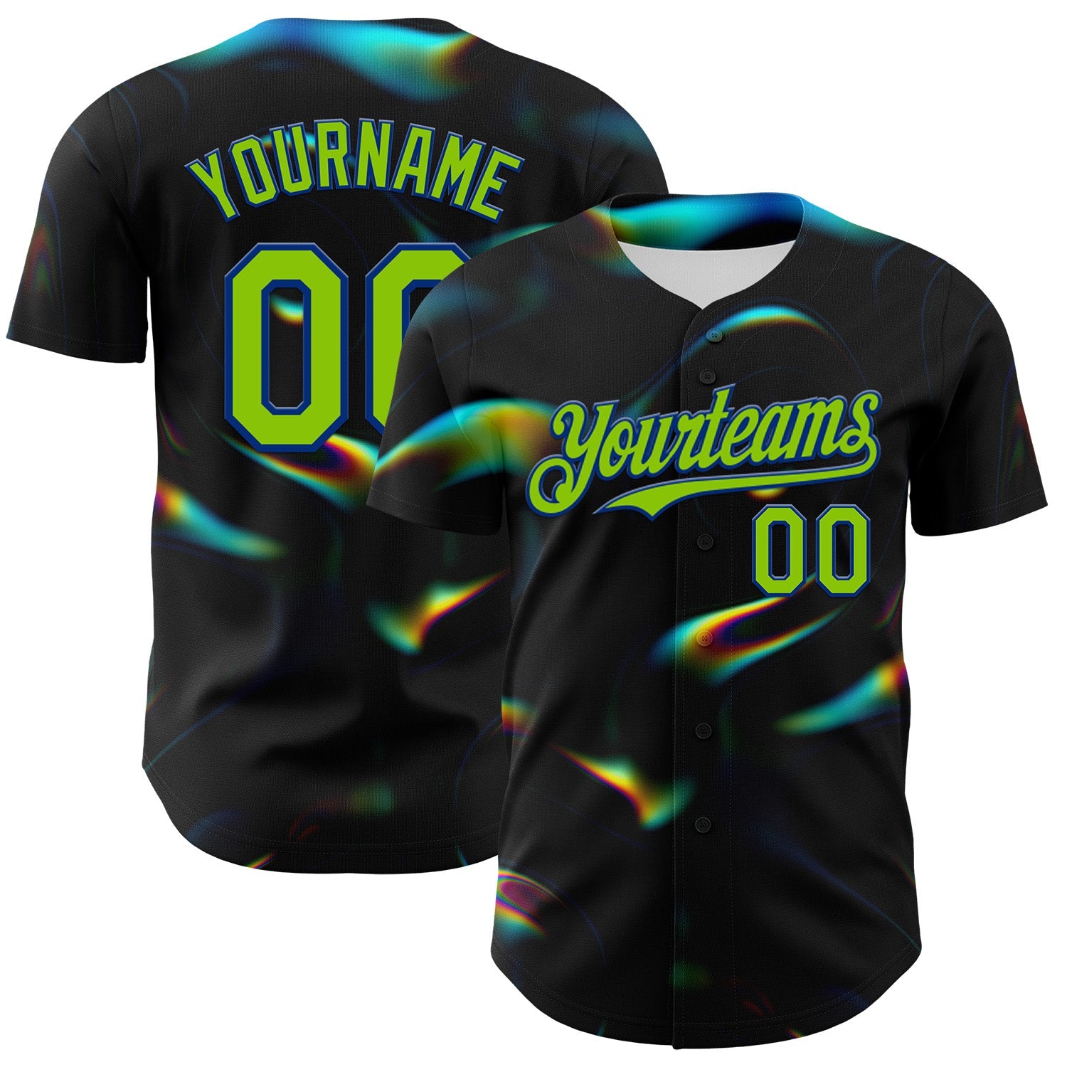 Custom Black Neon Green-Royal 3D Pattern Design Rave Psychedelic Holographic Vaporwave Style Authentic Baseball Jersey - Main View