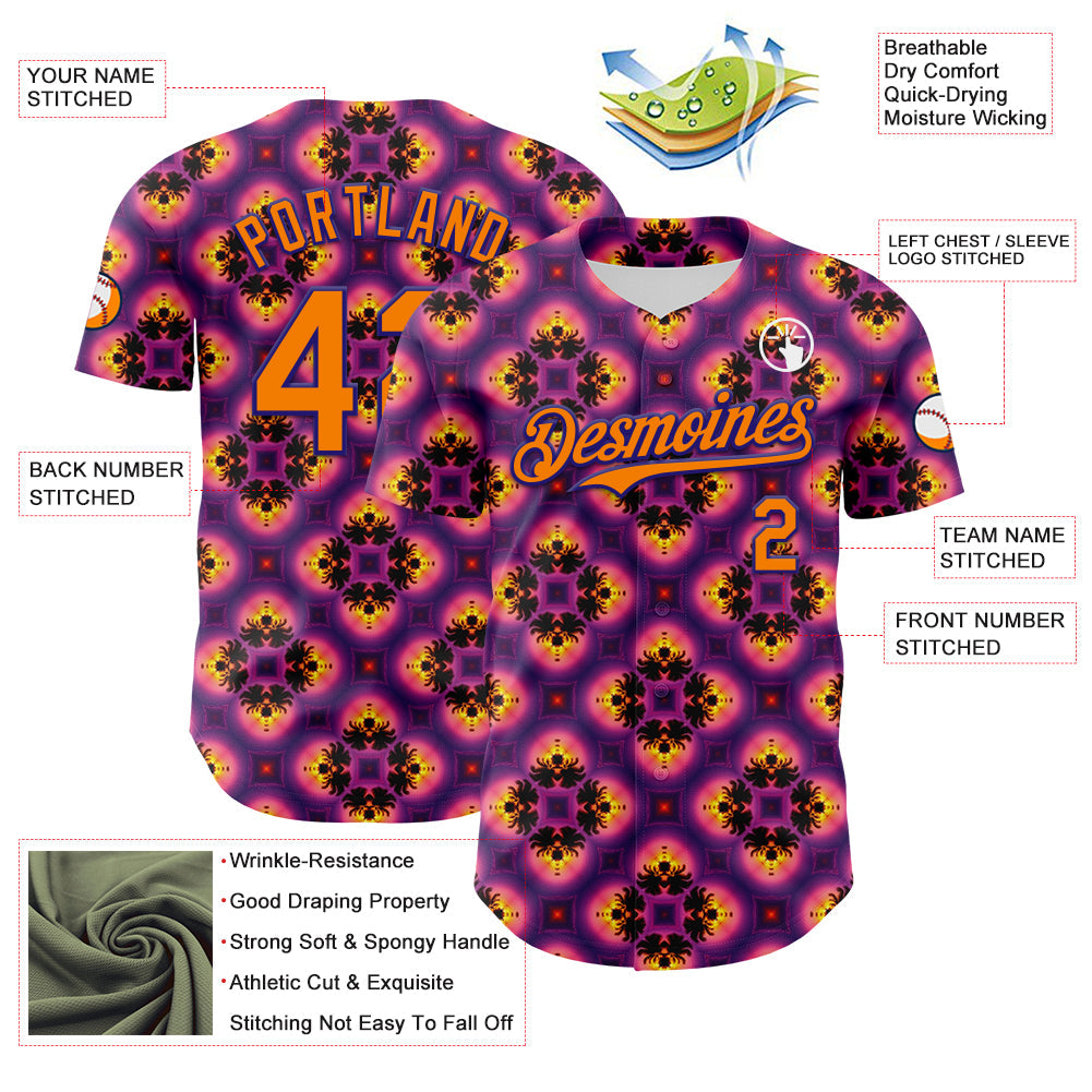 Custom Purple Bay Orange-Dark Purple 3D Pattern Design Rave Psychedelic Flower Authentic Baseball Jersey view 3