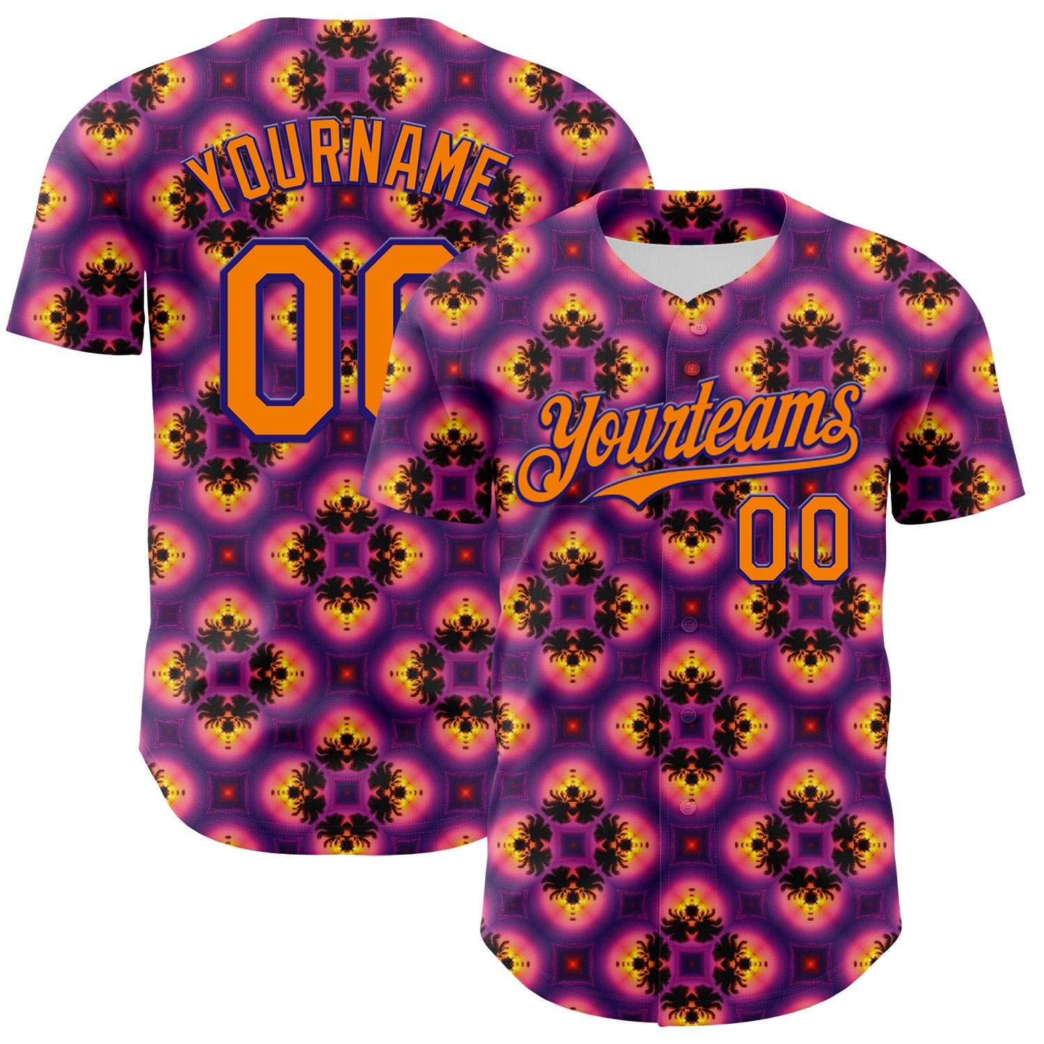 Custom Purple Bay Orange-Dark Purple 3D Pattern Design Rave Psychedelic Flower Authentic Baseball Jersey - Main View