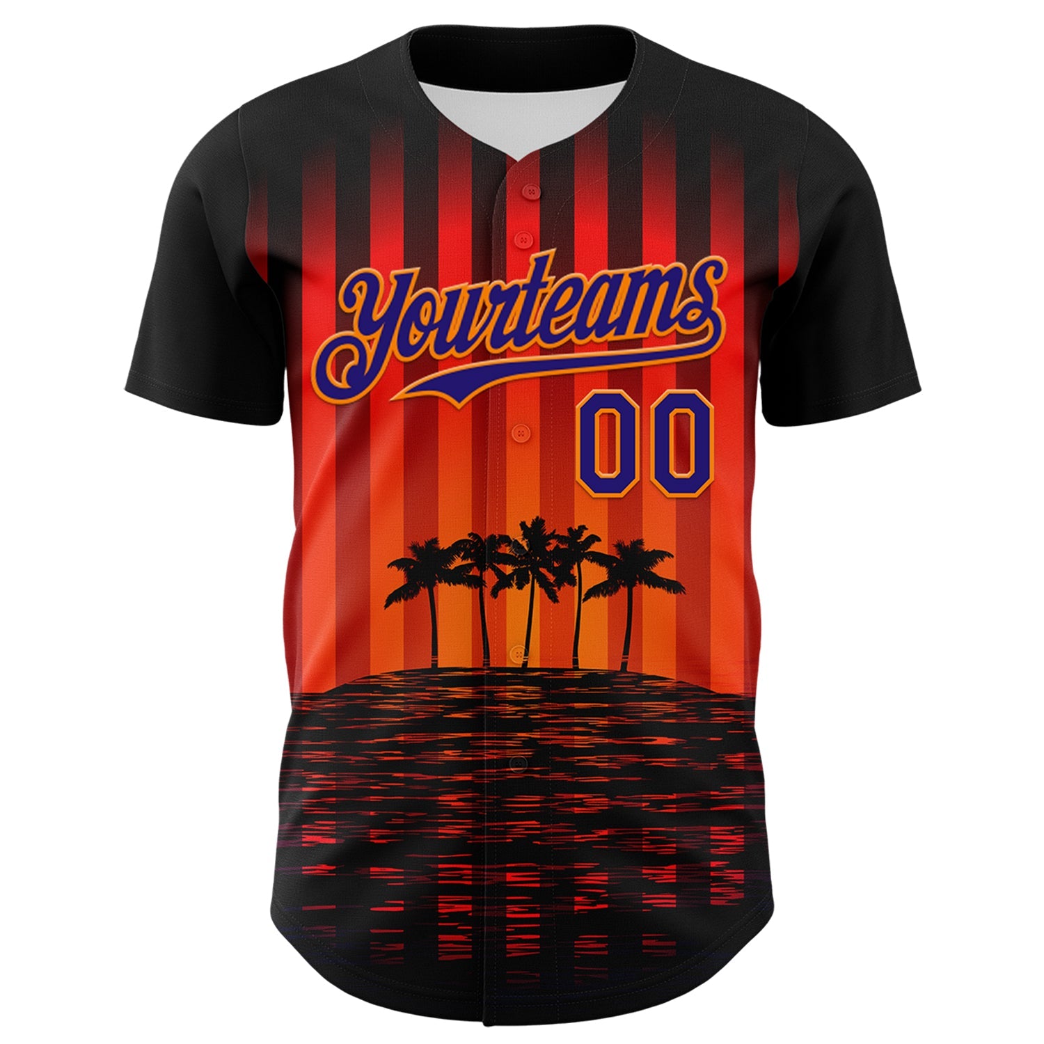 Custom Black Dark Purple-Bay Orange 3D Pattern Design Rave Psychedelic Tropical Palm Tree Authentic Baseball Jersey view 2