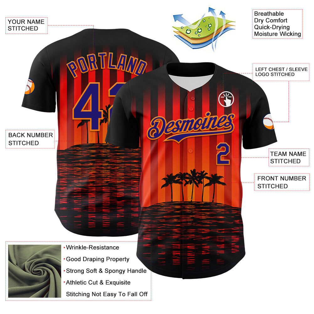 Custom Black Dark Purple-Bay Orange 3D Pattern Design Rave Psychedelic Tropical Palm Tree Authentic Baseball Jersey view 3