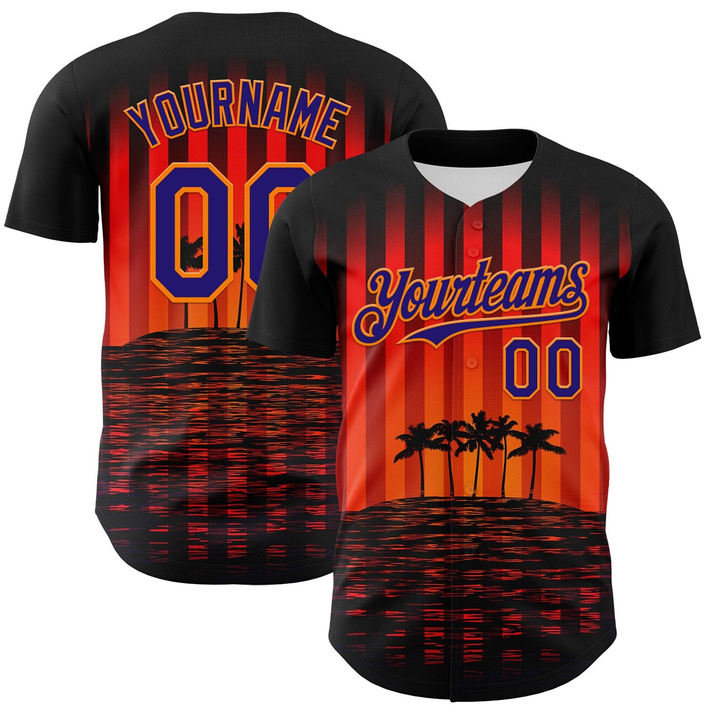 Custom Black Dark Purple-Bay Orange 3D Pattern Design Rave Psychedelic Tropical Palm Tree Authentic Baseball Jersey - Main View