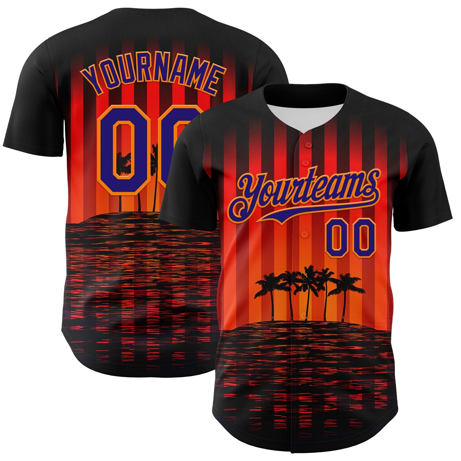 Custom Black Dark Purple-Bay Orange 3D Pattern Design Rave Psychedelic Tropical Palm Tree Authentic Baseball Jersey - Main View