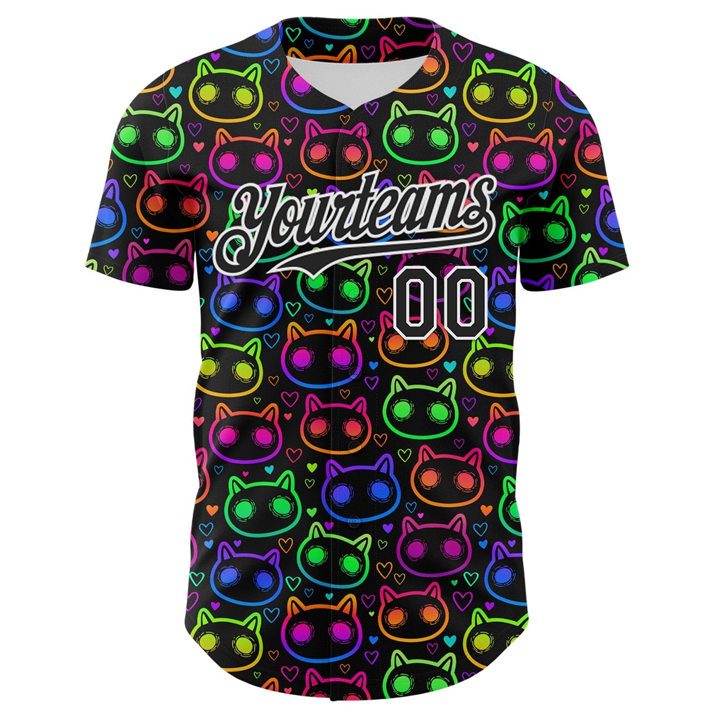 Custom Black White 3D Pattern Design Rave Psychedelic Neon Cartoon Cat Authentic Baseball Jersey view 2