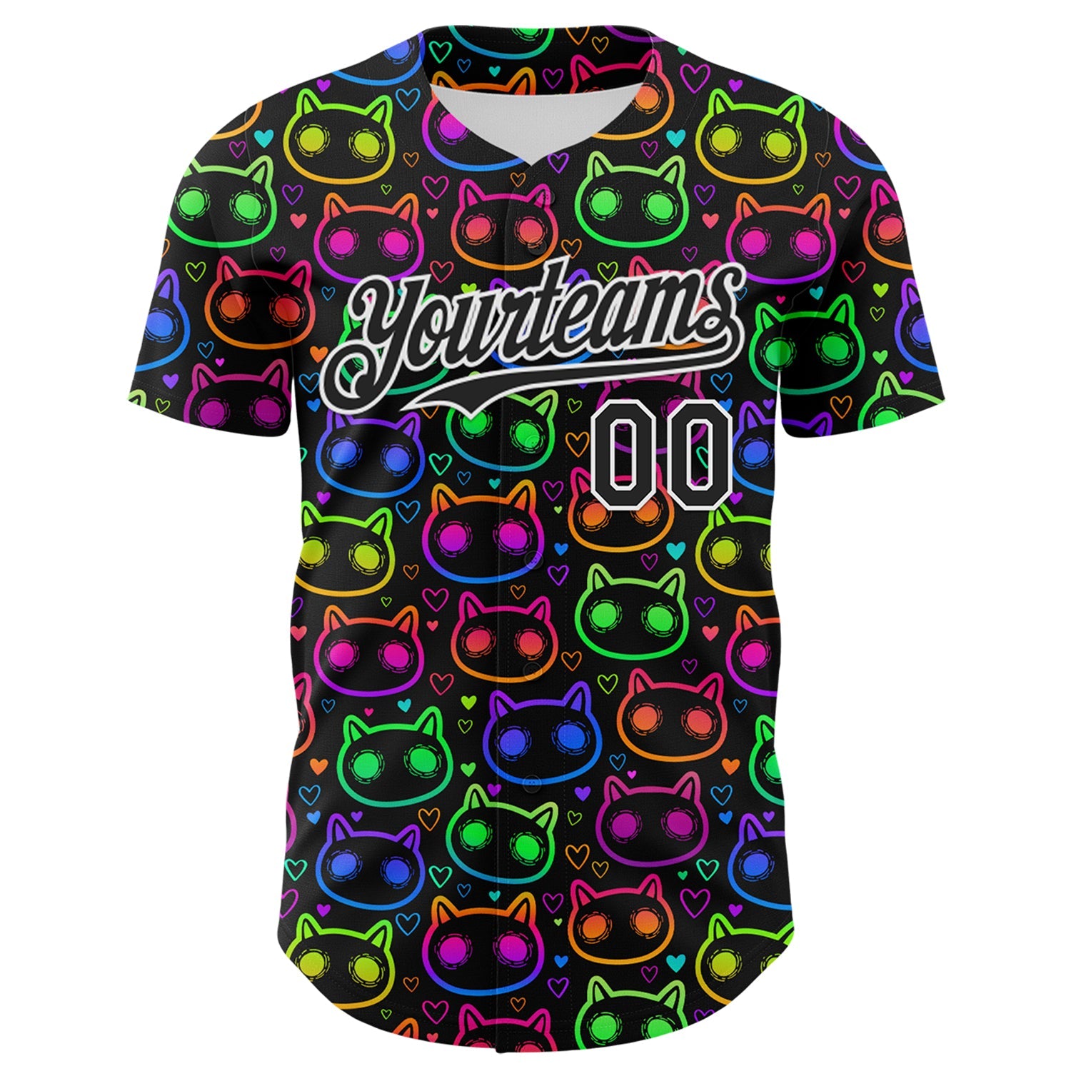 Custom Black White 3D Pattern Design Rave Psychedelic Neon Cartoon Cat Authentic Baseball Jersey view 2